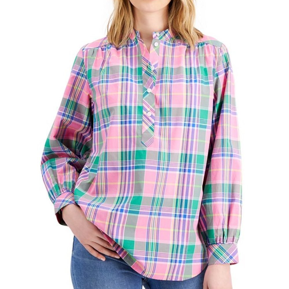 Tommy Hilfiger Plaid Long Sleeve Button Placket Popover Tunic Top (NWT)